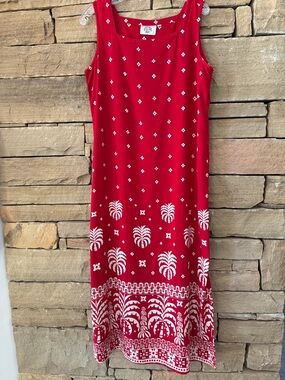Red & White VTG Sleeveless Maxi Dress White Palm Geometric Border Side Slits